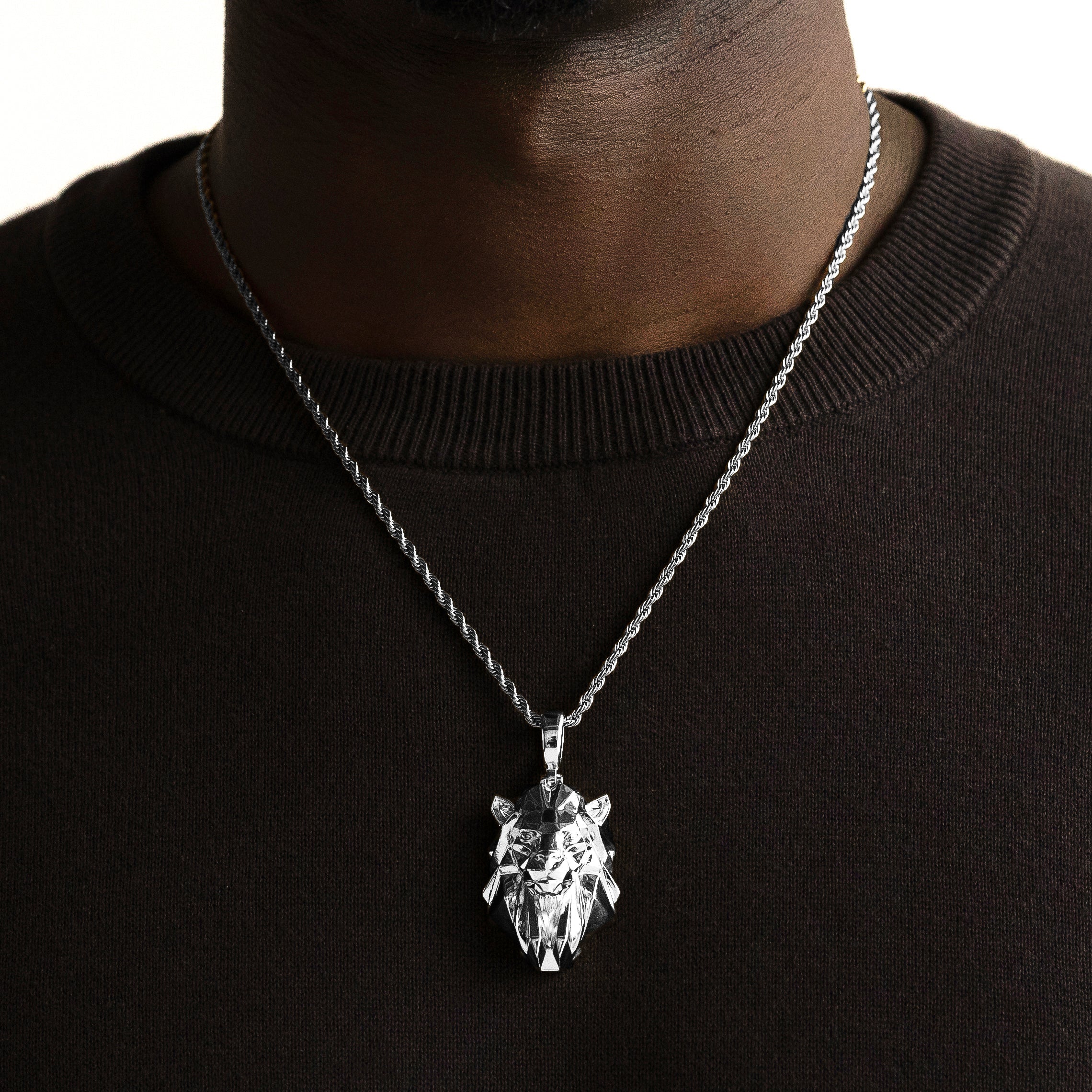 Lion Head Necklace Pendant & Rope Chain White Gold Lion Head Necklace Pendant & Rope Chain White Gold
