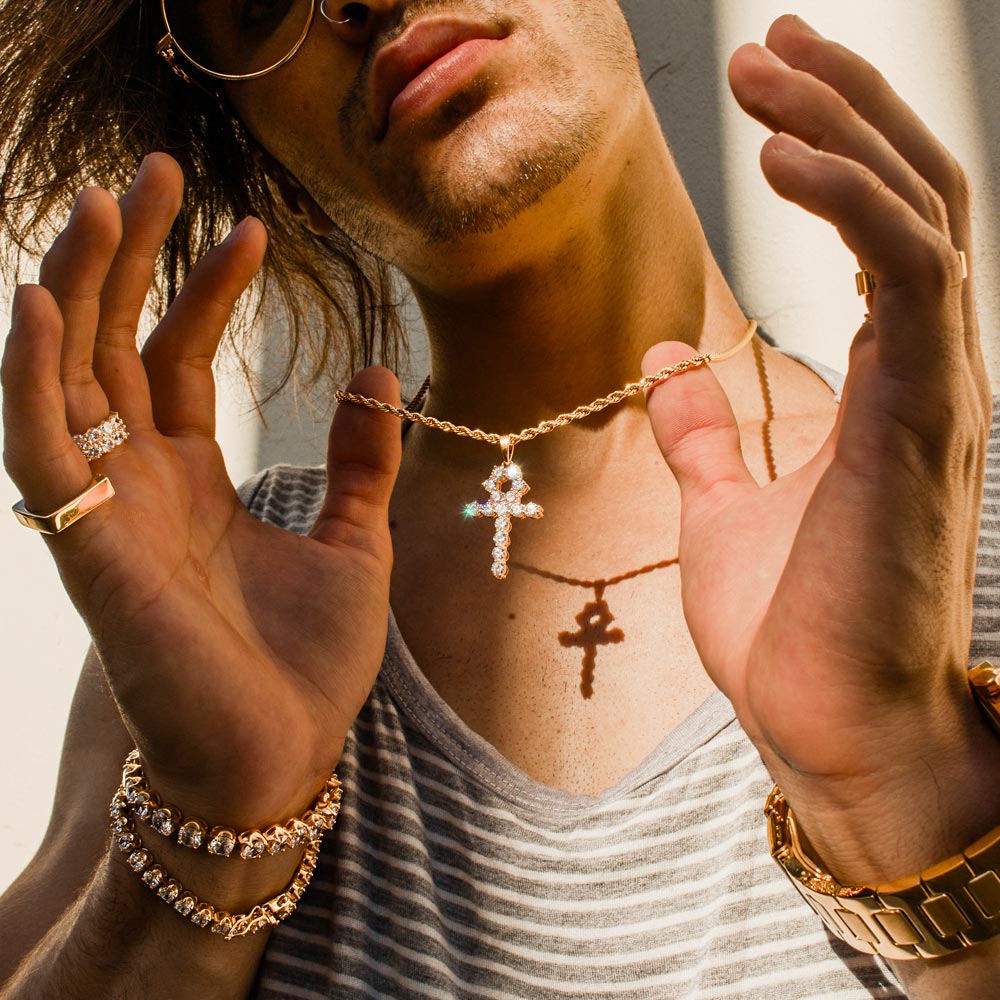 Micro Diamond Ankh Gold Necklace Pendant & Rope Gold Chain Micro Diamond Ankh Gold Necklace Pendant & Rope Gold Chain