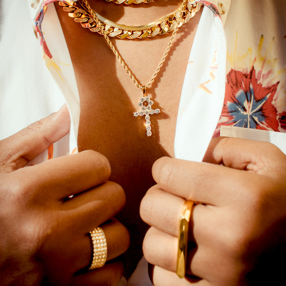 Micro Diamond Ankh Gold Necklace Pendant & Rope Gold Chain Micro Diamond Ankh Gold Necklace Pendant & Rope Gold Chain