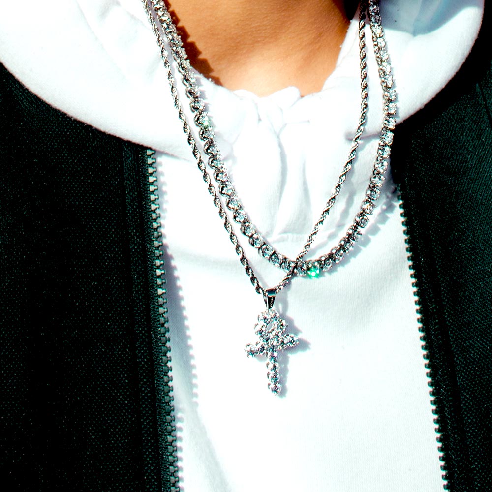 Micro Diamond Ankh Necklace Pendant White Gold & Rope Chain Micro Diamond Ankh Necklace Pendant White Gold & Rope Chain