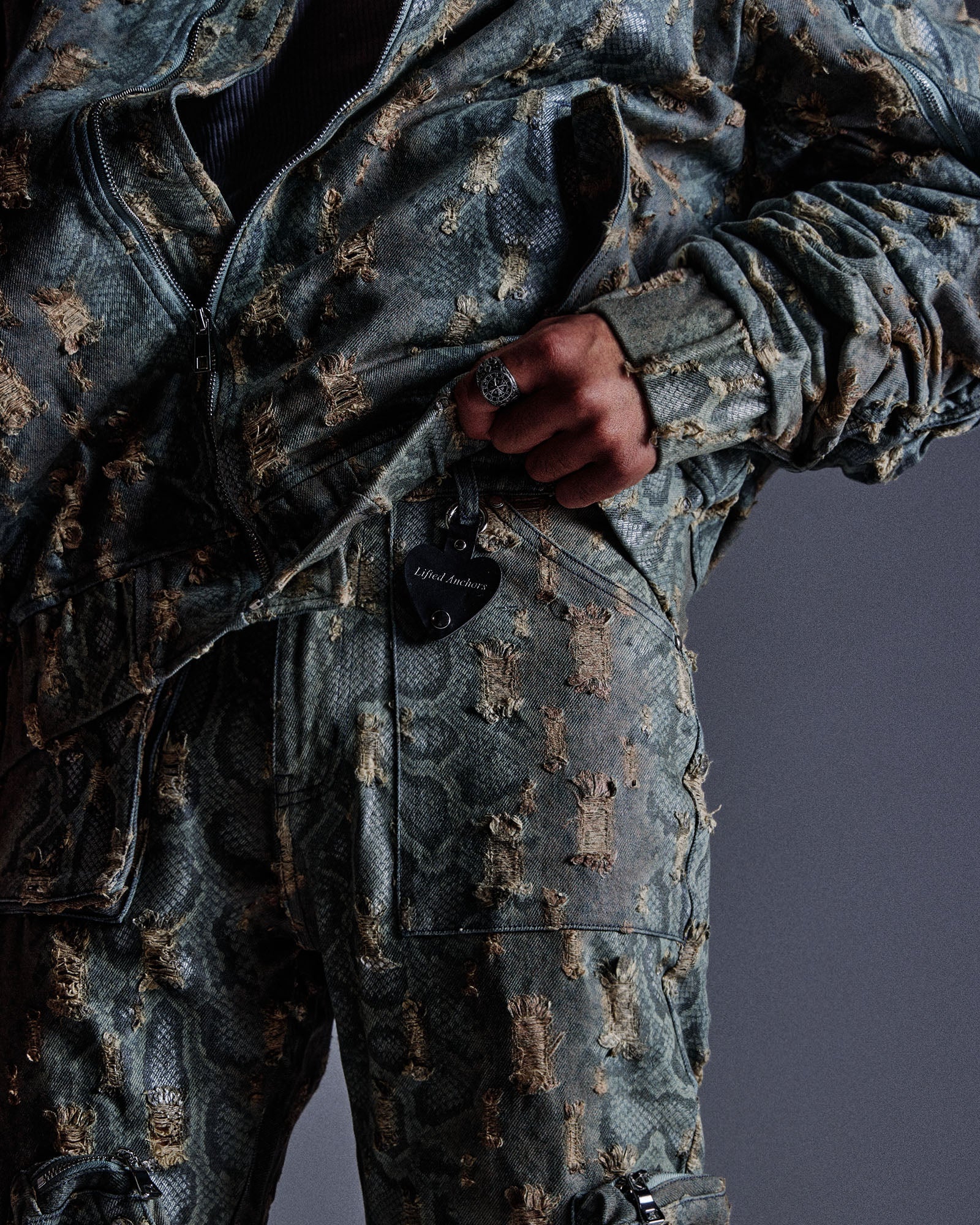 "Ahmanson" Denim Snakeskin Flared Cargo Pant (Blue) "Ahmanson" Denim Snakeskin Flared Cargo Pant (Blue)