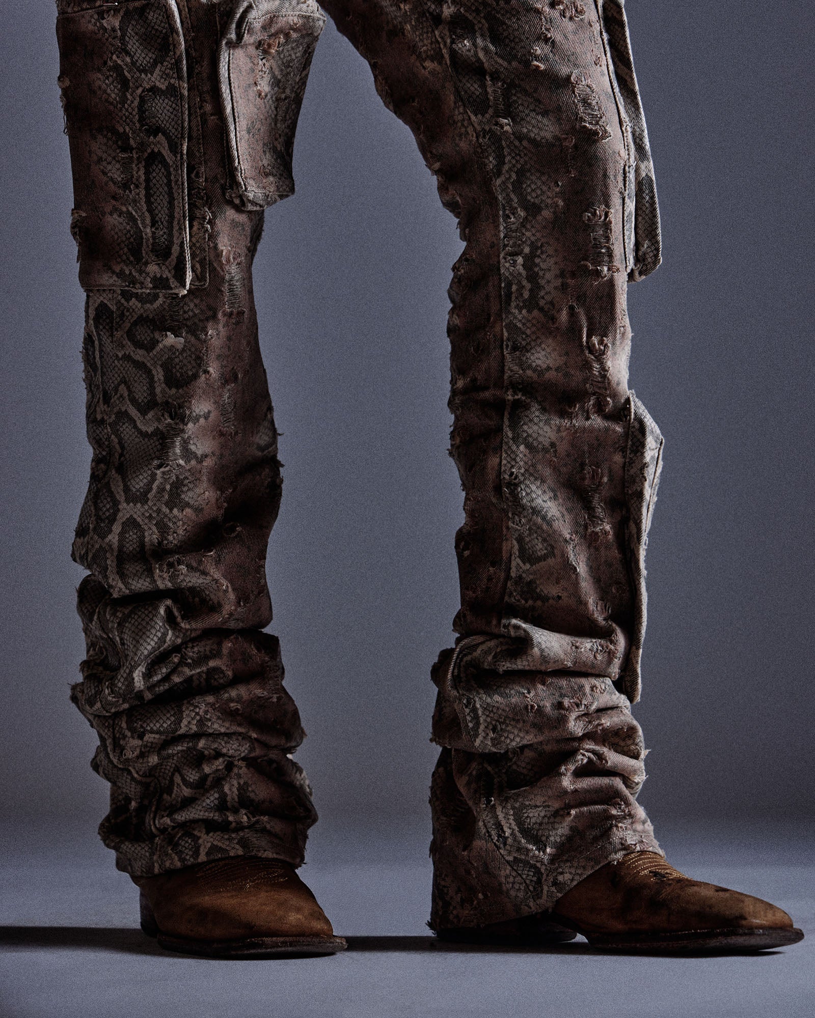 "Ahmanson" Denim Snakeskin Flared Cargo Pant (Brown) "Ahmanson" Denim Snakeskin Flared Cargo Pant (Brown)