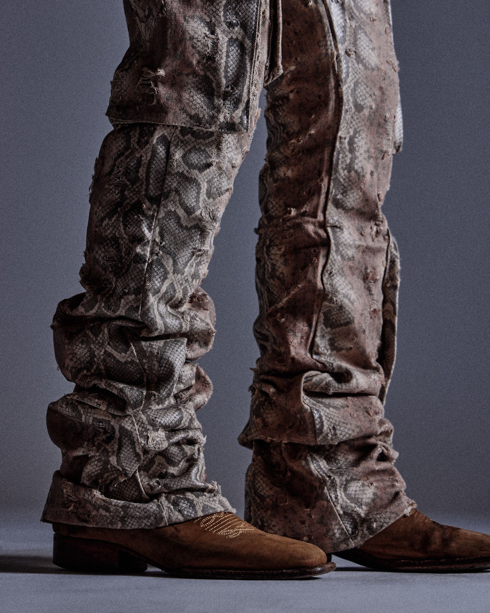 "Ahmanson" Denim Snakeskin Flared Cargo Pant (Brown) "Ahmanson" Denim Snakeskin Flared Cargo Pant (Brown)