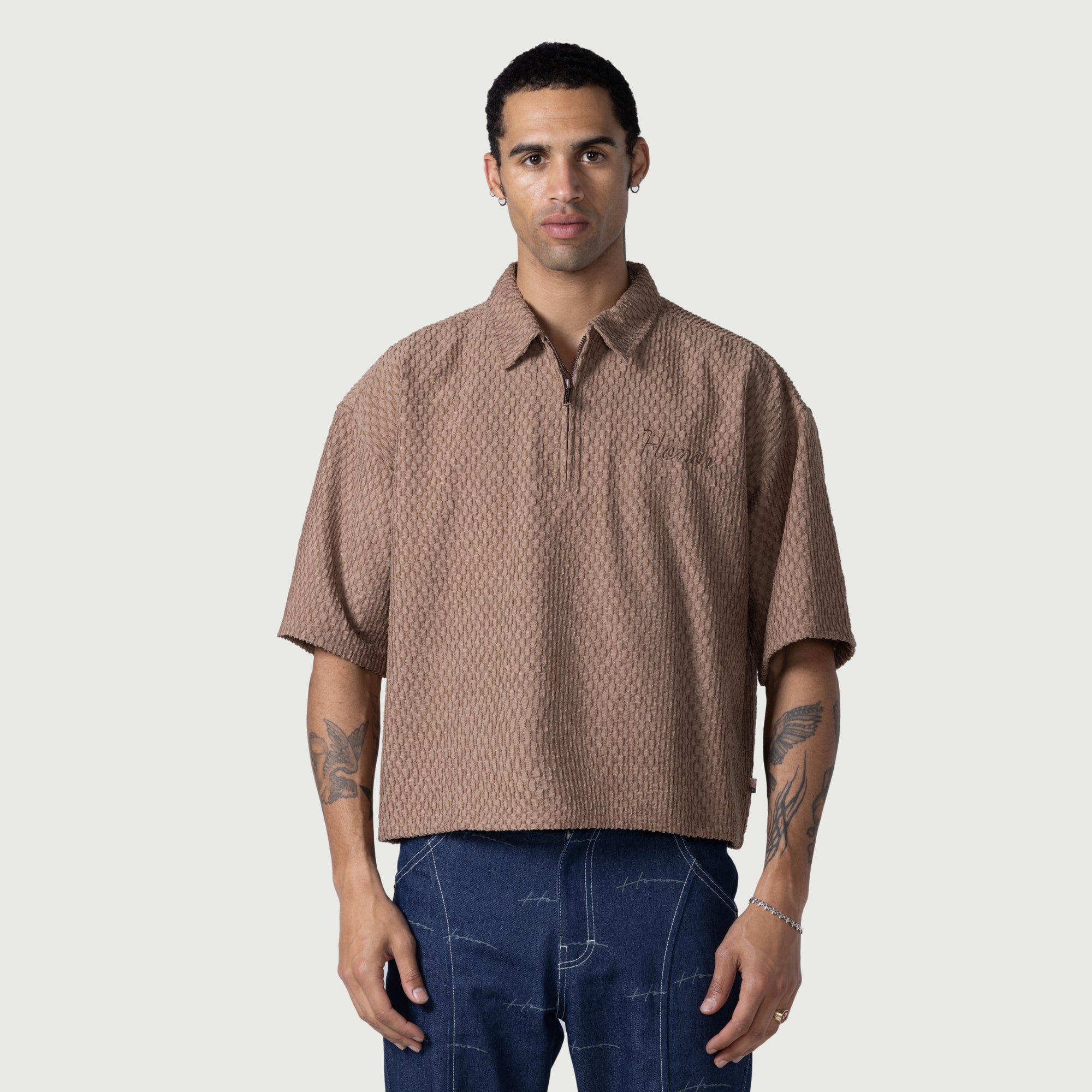 Textured Knit Qtr Zip - Brown Textured Knit Qtr Zip - Brown