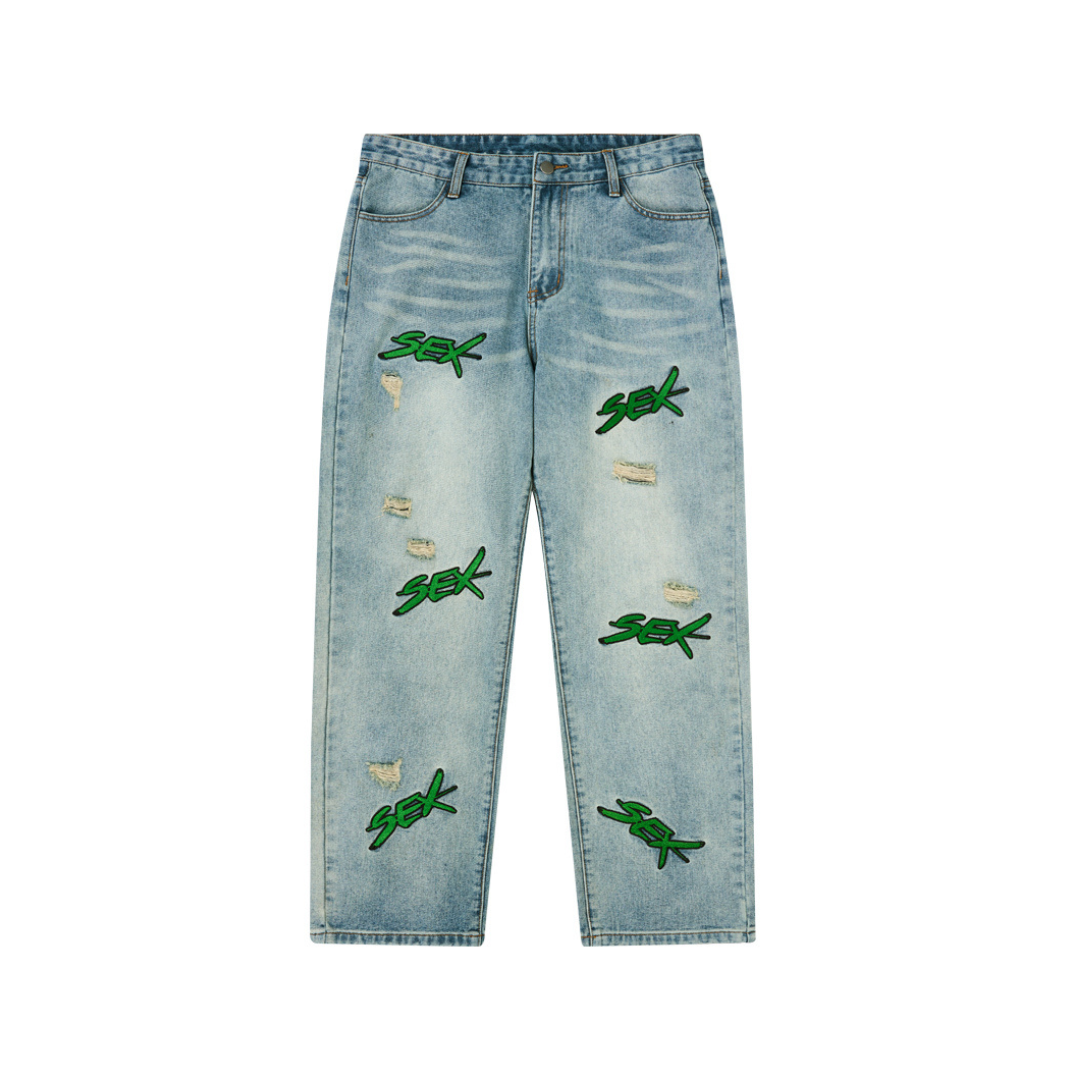 Distressed Embroidered Loose Denim Distressed Embroidered Loose Denim
