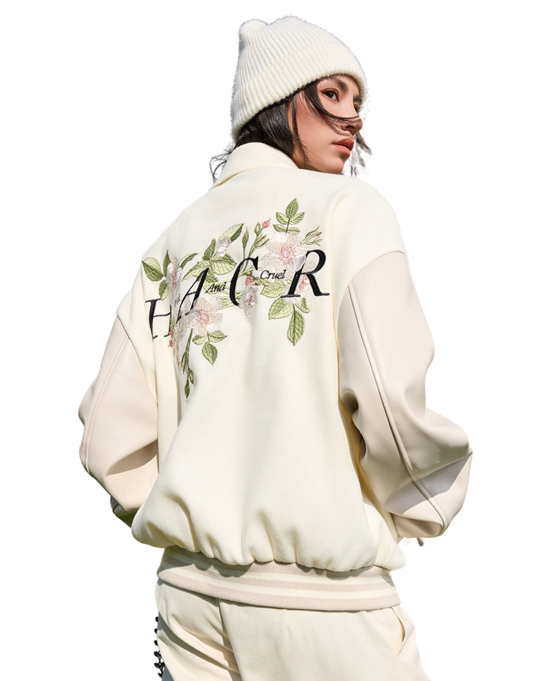 Floral Embroidered Script Baseball Jacket Floral Embroidered Script Baseball Jacket