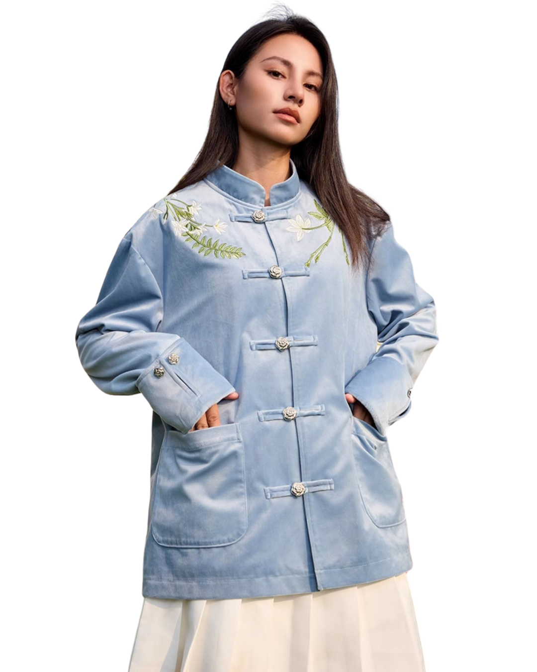 Floral Embroidered Velvet Mandarin Jacket Floral Embroidered Velvet Mandarin Jacket