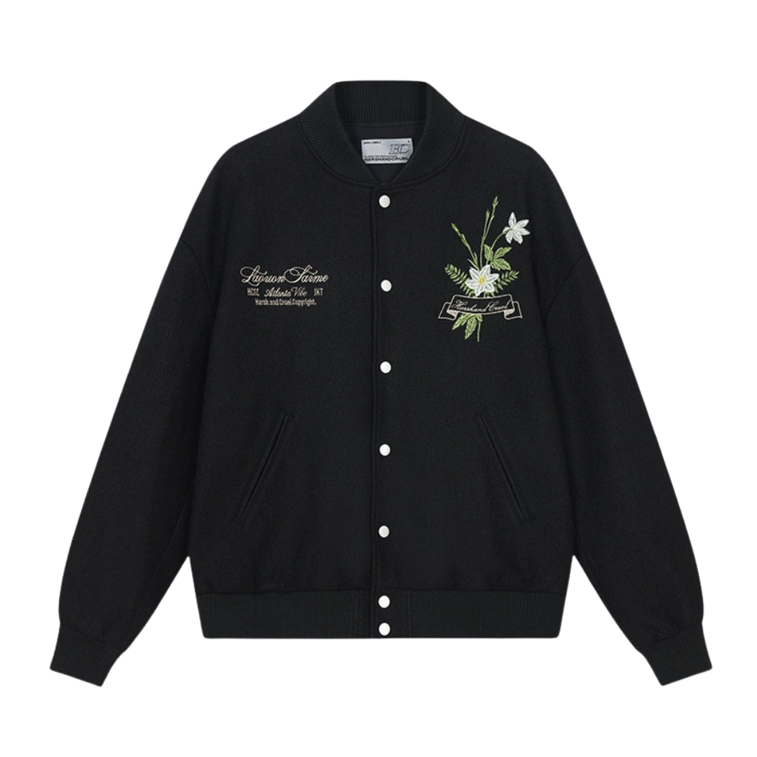 Floral Script Embroidery Varsity Jacket Floral Script Embroidery Varsity Jacket