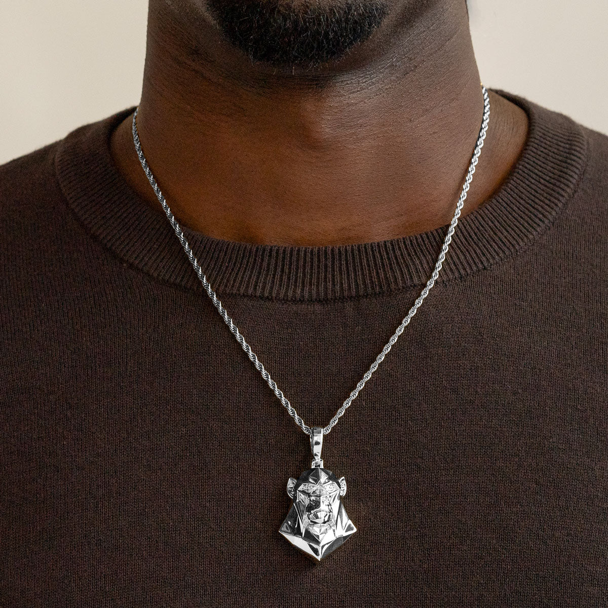 Ape Head Necklace Pendant & Rope Chain White Gold Ape Head Necklace Pendant & Rope Chain White Gold