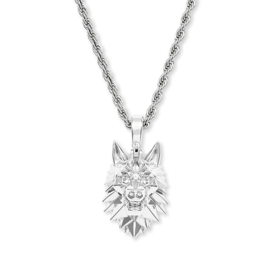Wolf Head Necklace Pendant & Rope Chain White Gold