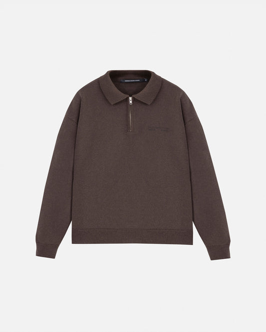 Basics Undergold Studio Knit Zip Up Long Sleeve Polo Shirt Brown