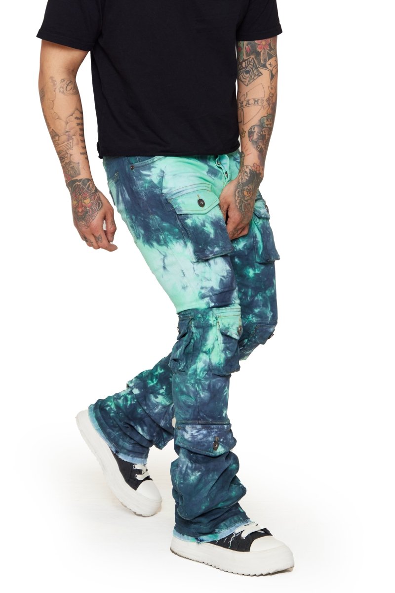 “COSMIC VAPOR” STACKED FLARE JEAN WHITE-BLACK/TEAL-NAVY “COSMIC VAPOR” STACKED FLARE JEAN WHITE-BLACK/TEAL-NAVY