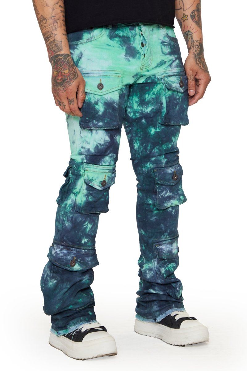 “COSMIC VAPOR” STACKED FLARE JEAN WHITE-BLACK/TEAL-NAVY “COSMIC VAPOR” STACKED FLARE JEAN WHITE-BLACK/TEAL-NAVY