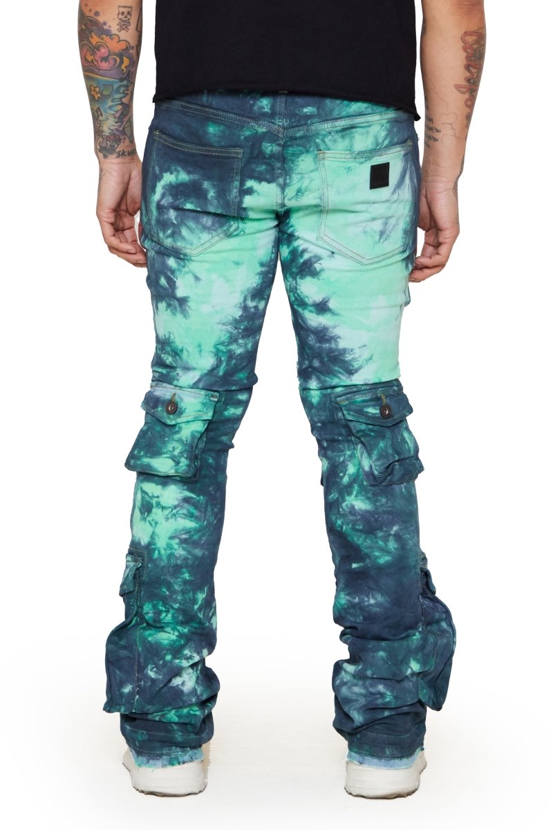 “COSMIC VAPOR” STACKED FLARE JEAN WHITE-BLACK/TEAL-NAVY “COSMIC VAPOR” STACKED FLARE JEAN WHITE-BLACK/TEAL-NAVY