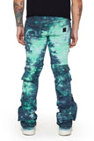 “COSMIC VAPOR” STACKED FLARE JEAN WHITE-BLACK/TEAL-NAVY “COSMIC VAPOR” STACKED FLARE JEAN WHITE-BLACK/TEAL-NAVY