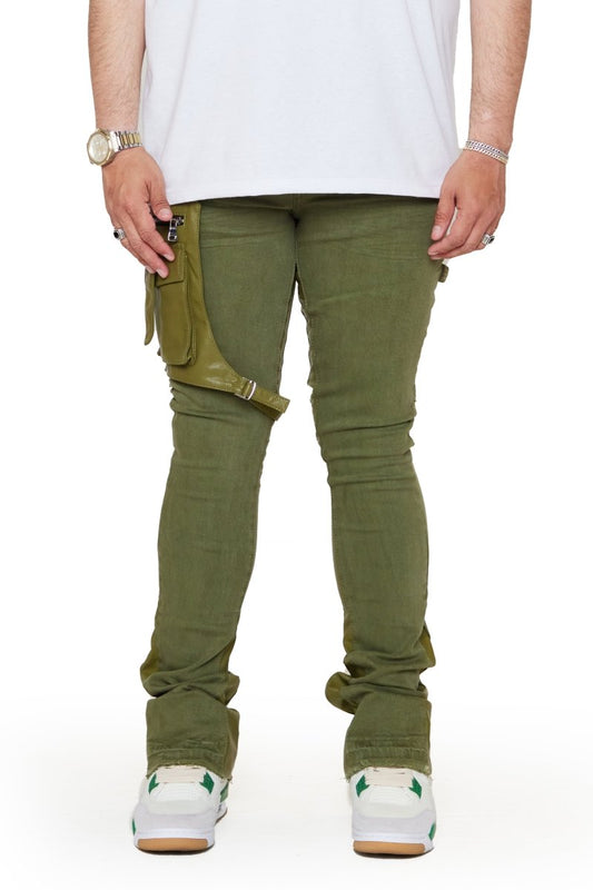 "DAPPER” STACKED FLARE JEAN OLIVE WASHED