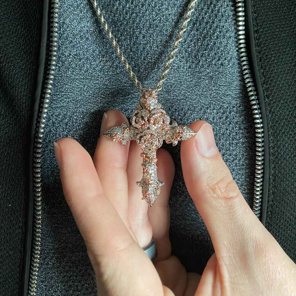 Diamond Rose Cross Necklace Pendant & Rope Chain Diamond Rose Cross Necklace Pendant & Rope Chain