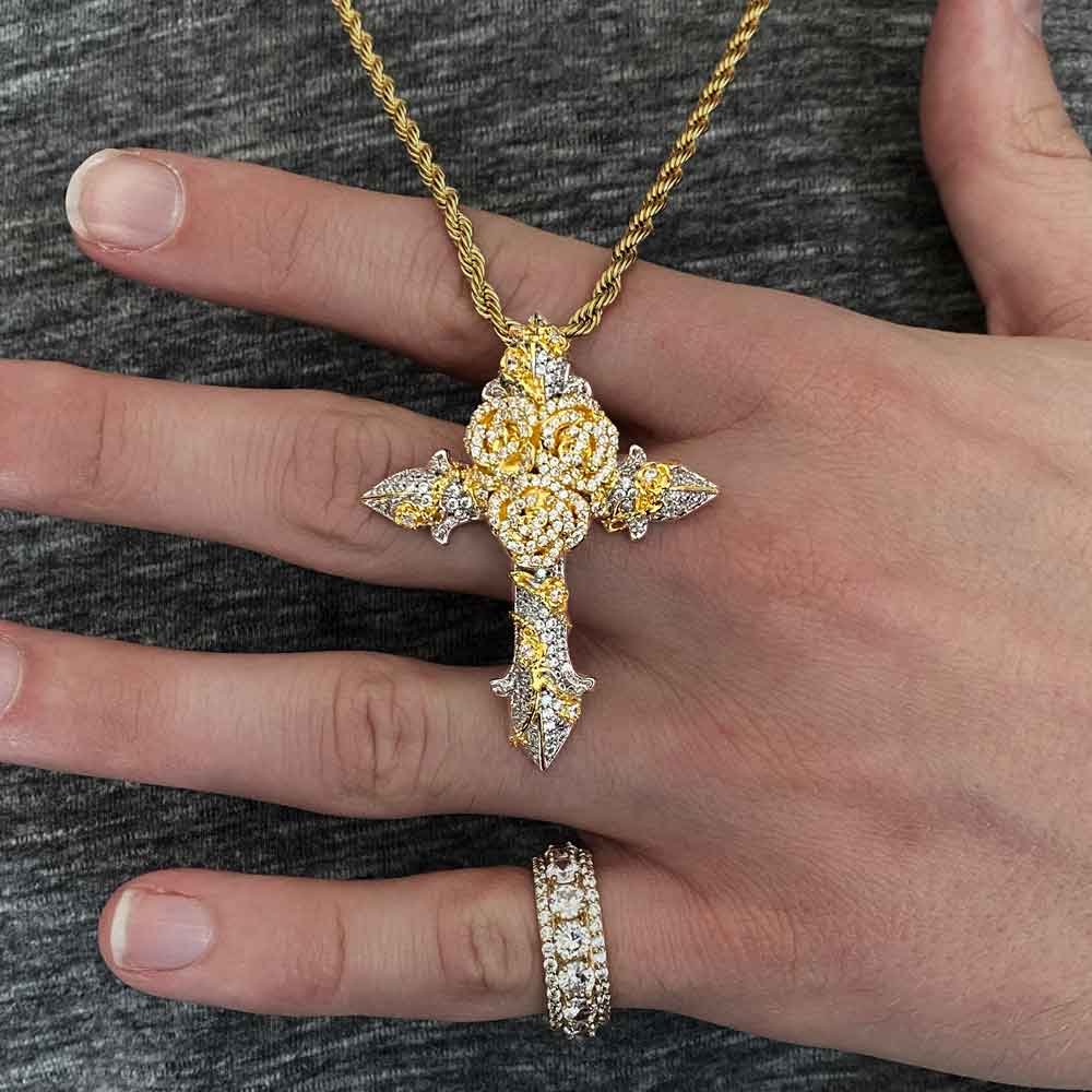Diamond Rose Cross Necklace Pendant & Rope Chain Diamond Rose Cross Necklace Pendant & Rope Chain