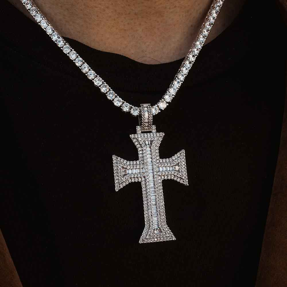 Diamond Cross Emerald Cut Necklace Pendant & Tennis Chain Diamond Cross Emerald Cut Necklace Pendant & Tennis Chain