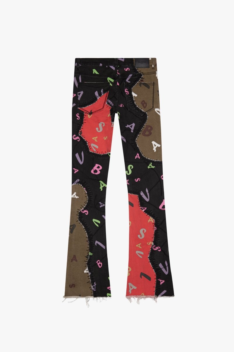 "DISTRACTED" STACKED FLARE JEAN OLIVE-BLACK "DISTRACTED" STACKED FLARE JEAN OLIVE-BLACK