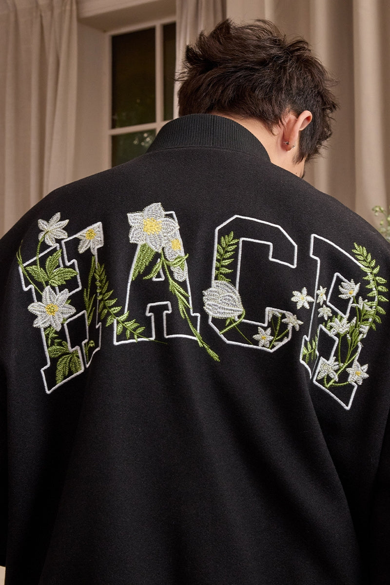 Floral Script Embroidery Varsity Jacket Floral Script Embroidery Varsity Jacket