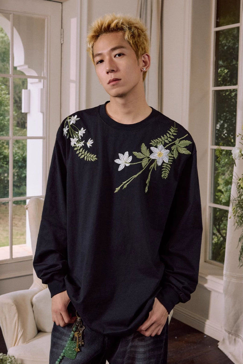 Floral Embroidered Oversized Long Sleeve Tee Floral Embroidered Oversized Long Sleeve Tee