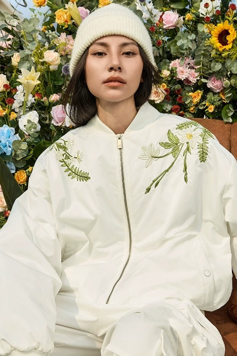 Floral Text Embroidered Bomber Jacket Floral Text Embroidered Bomber Jacket