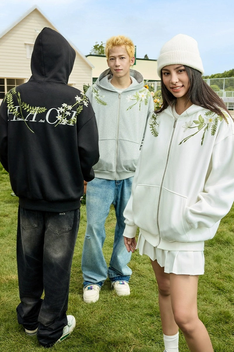 Floral Embroidered Fleece Zip Up Hoodie Floral Embroidered Fleece Zip Up Hoodie