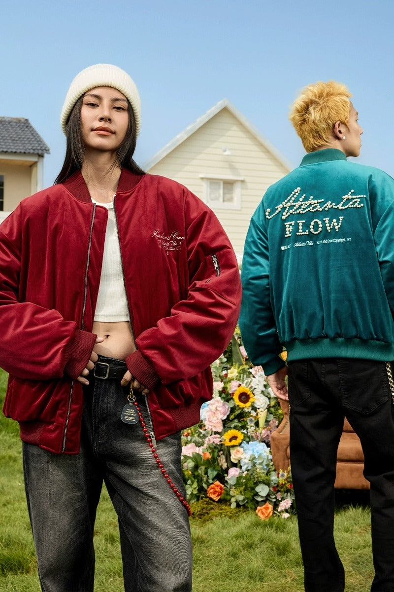 Velvet Pearl Embroidered Bomber Jacket Velvet Pearl Embroidered Bomber Jacket