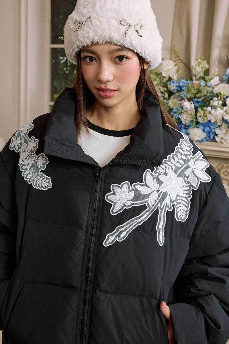 Lace Floral Wreath Embroidered Puffer Lace Floral Wreath Embroidered Puffer
