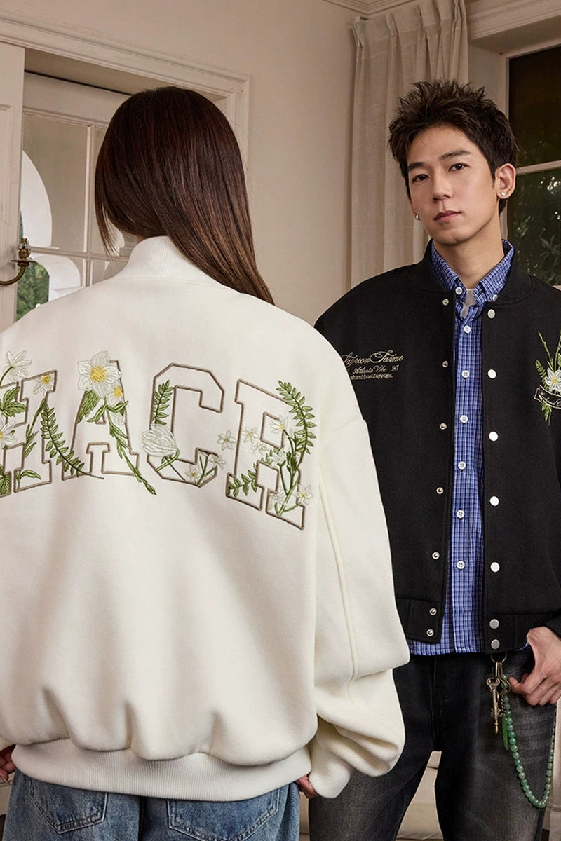 Floral Script Embroidery Varsity Jacket Floral Script Embroidery Varsity Jacket