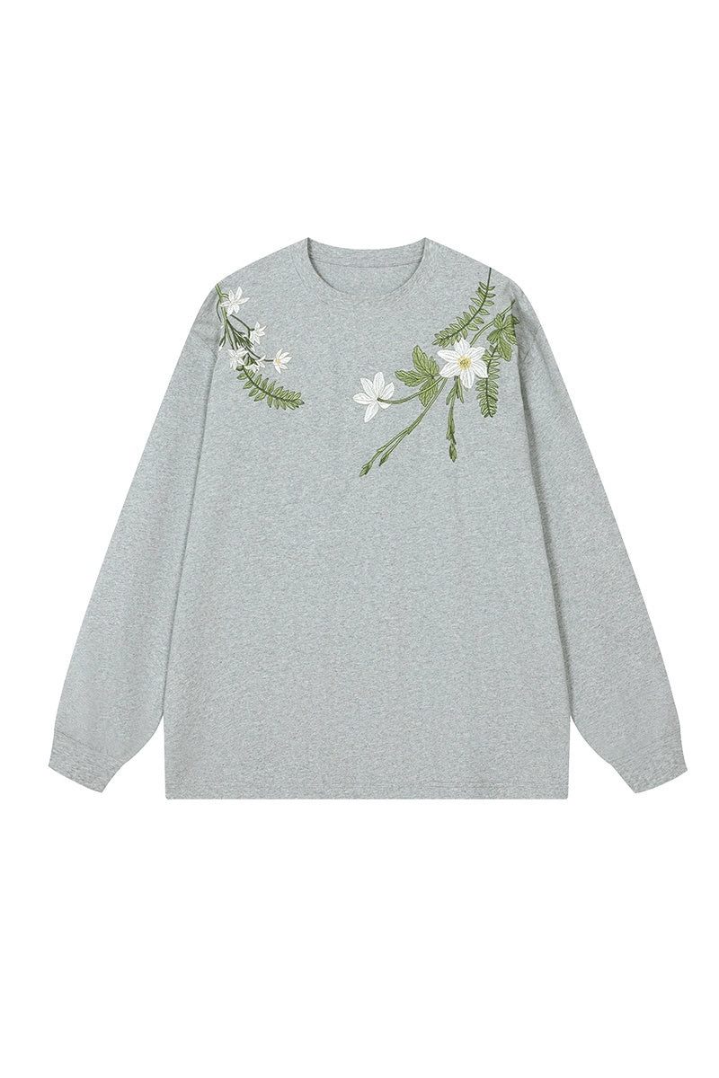 Floral Embroidered Oversized Long Sleeve Tee Floral Embroidered Oversized Long Sleeve Tee