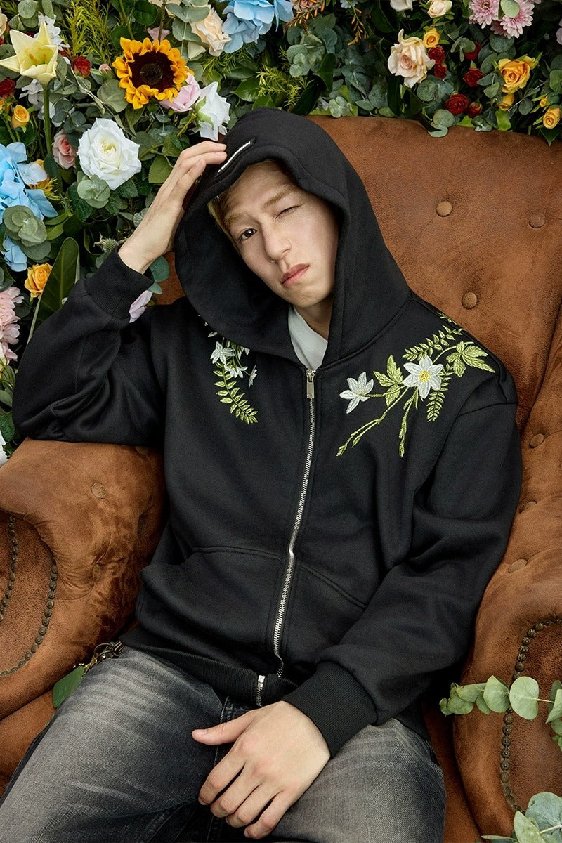 Floral Embroidered Fleece Zip Up Hoodie Floral Embroidered Fleece Zip Up Hoodie