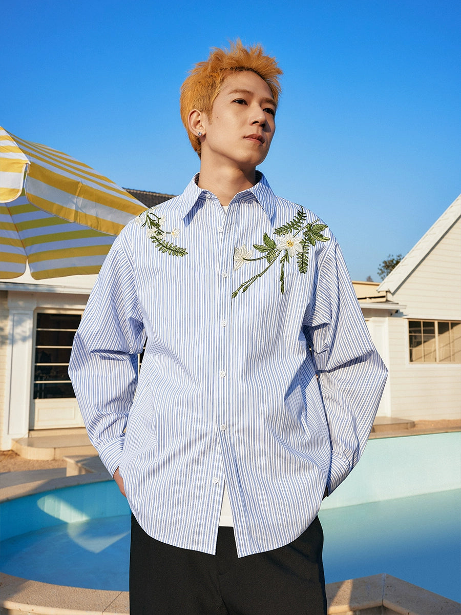 Striped Embroidered Casual Shirt Jacket Striped Embroidered Casual Shirt Jacket