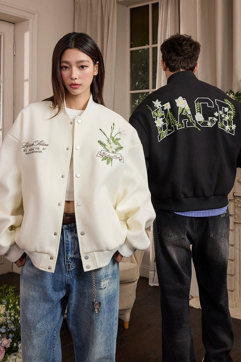 Floral Script Embroidery Varsity Jacket Floral Script Embroidery Varsity Jacket