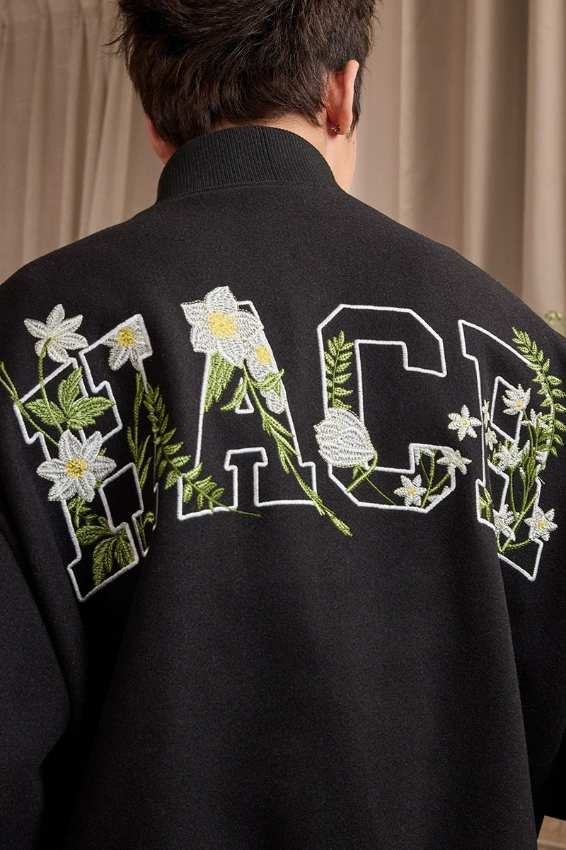 Floral Script Embroidery Varsity Jacket Floral Script Embroidery Varsity Jacket