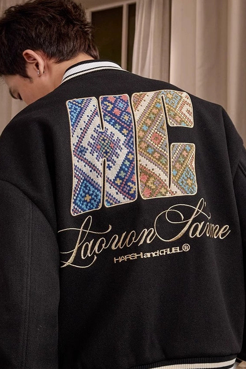 Tribal Script Patch Baseball Jacket Tribal Script Patch Baseball Jacket