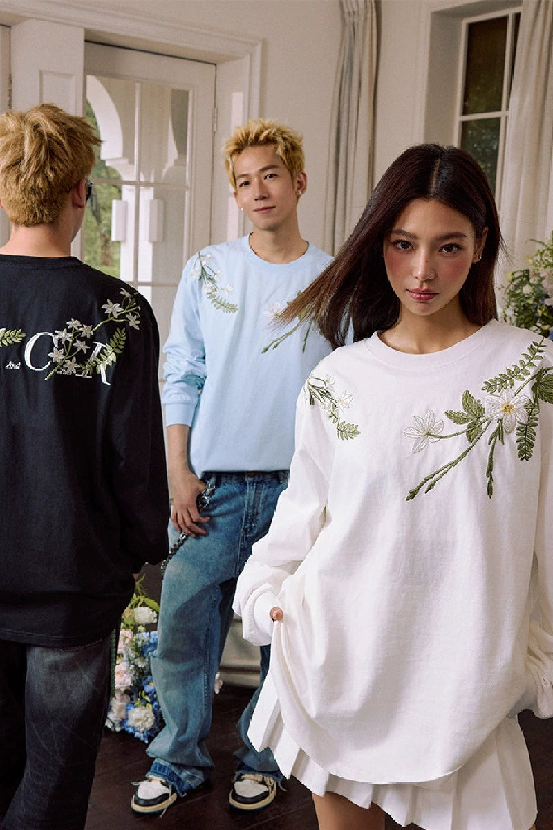 Floral Embroidered Oversized Long Sleeve Tee Floral Embroidered Oversized Long Sleeve Tee