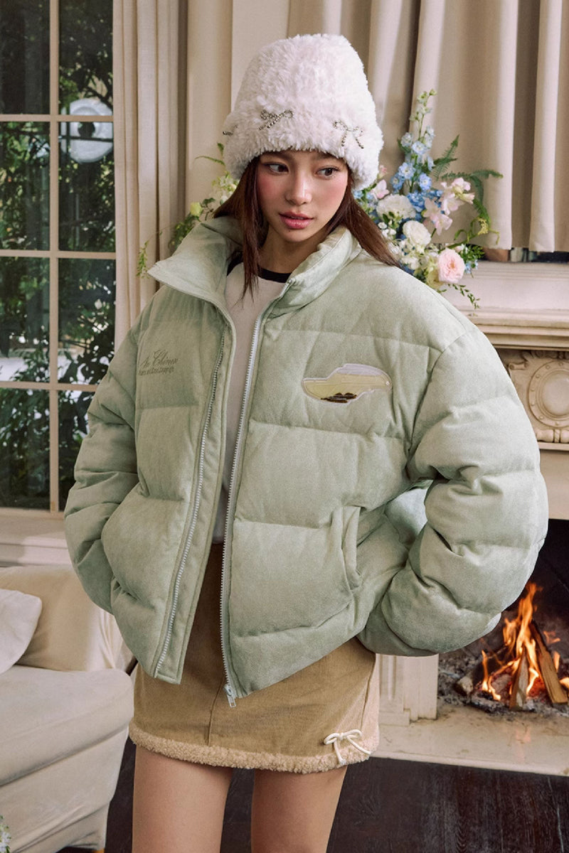 Suede Floral Embroidered Puffer Jacket Suede Floral Embroidered Puffer Jacket