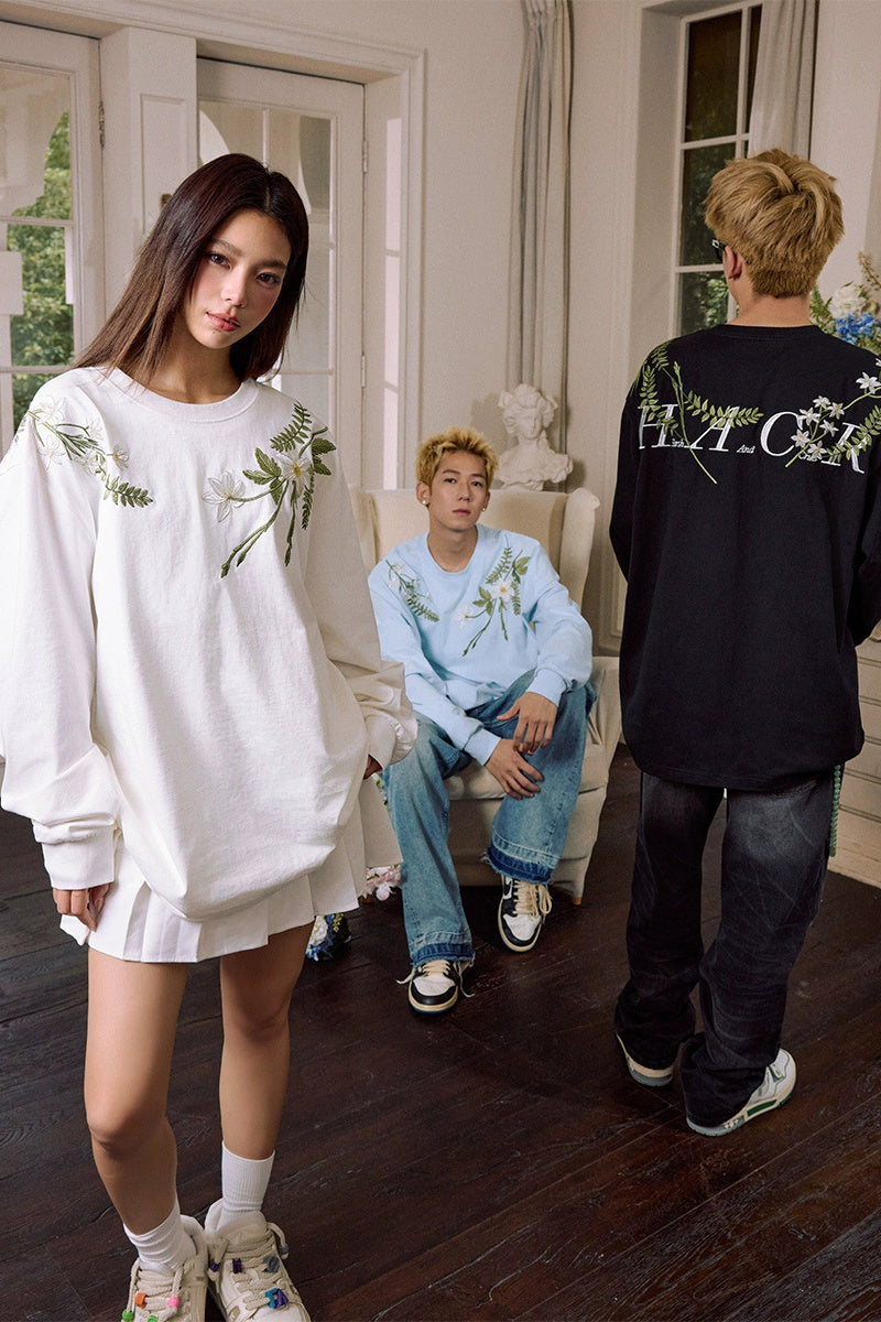 Floral Embroidered Oversized Long Sleeve Tee Floral Embroidered Oversized Long Sleeve Tee