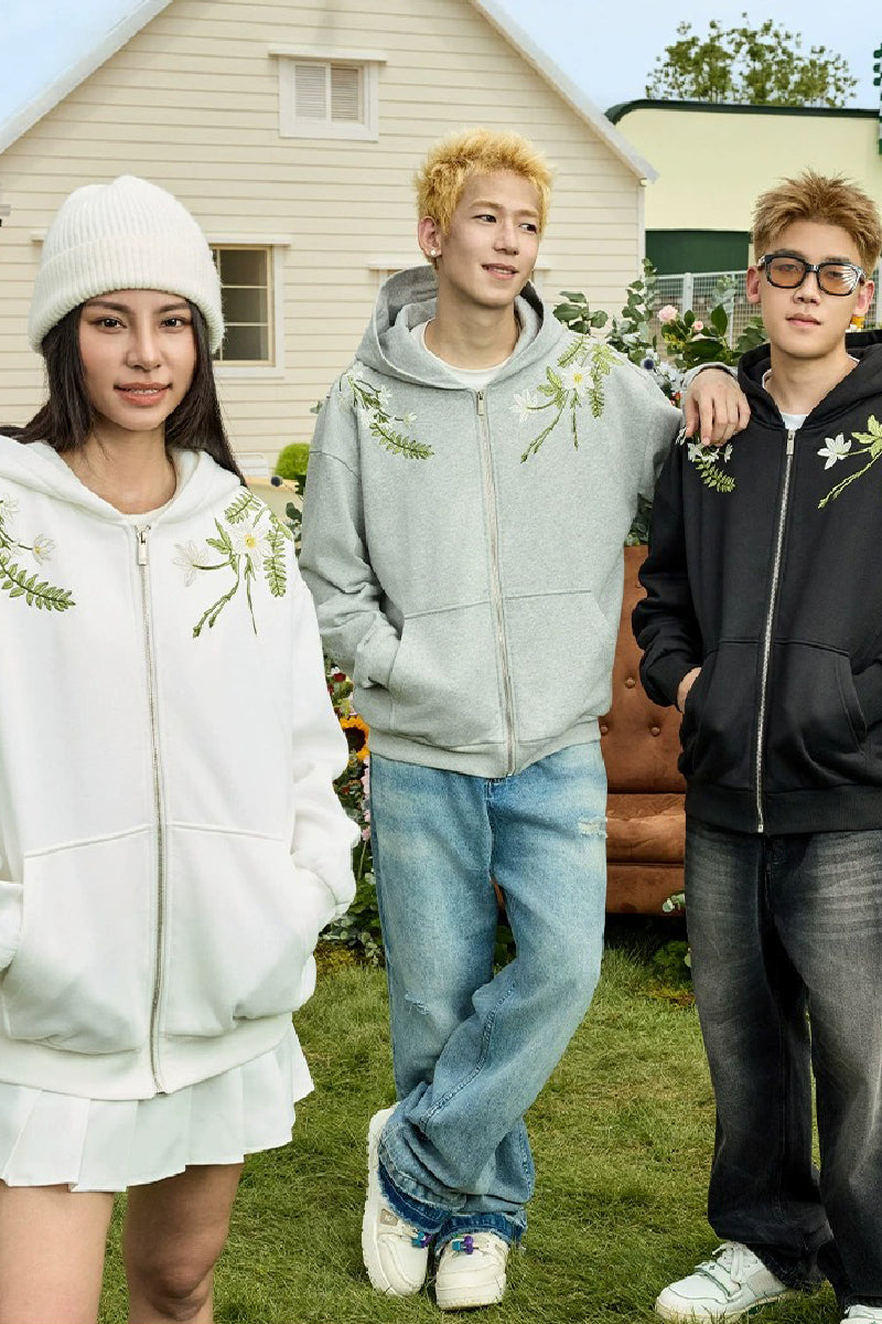 Floral Embroidered Fleece Zip Up Hoodie Floral Embroidered Fleece Zip Up Hoodie