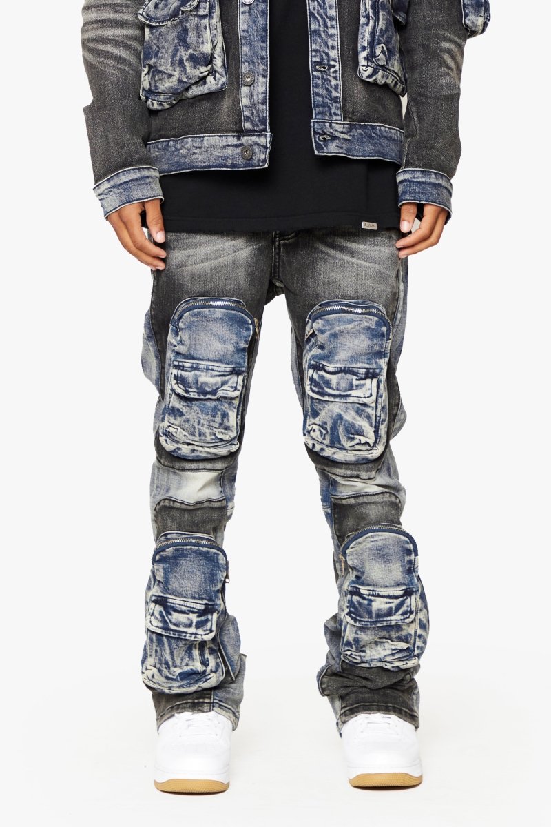 "DUAL SOLDIER" STACKED FLARE JEANS BLACK BLUE "DUAL SOLDIER" STACKED FLARE JEANS BLACK BLUE