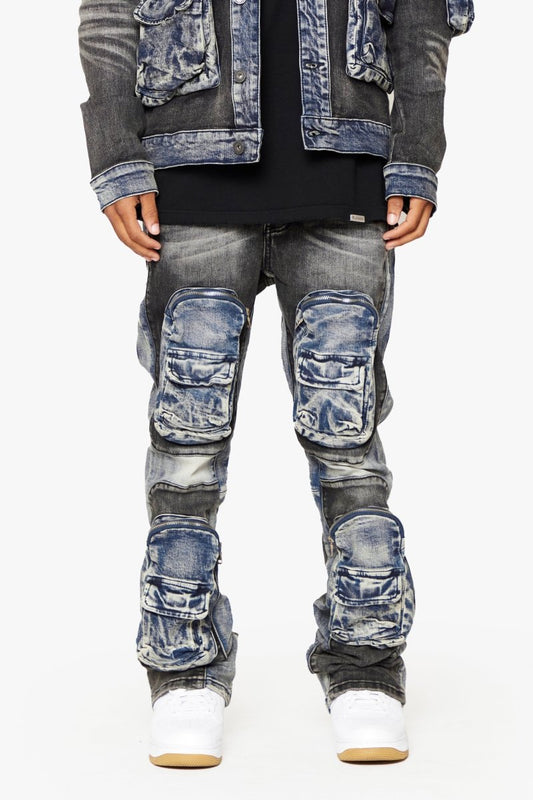 "DUAL SOLDIER" STACKED FLARE JEANS BLACK BLUE