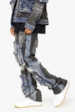 "DUAL SOLDIER" STACKED FLARE JEANS BLACK BLUE "DUAL SOLDIER" STACKED FLARE JEANS BLACK BLUE
