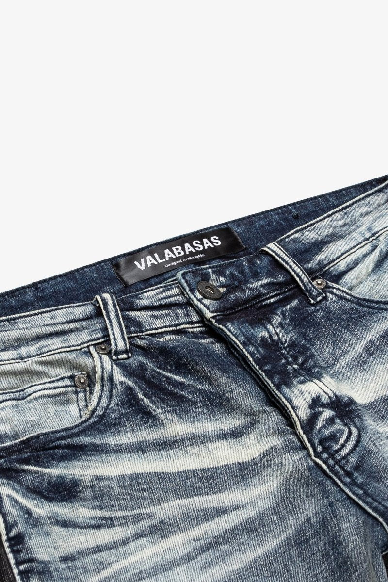 "DUAL SOLDIER" STACKED FLARE JEANS BLUE BLACK WASH "DUAL SOLDIER" STACKED FLARE JEANS BLUE BLACK WASH