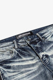 "DUAL SOLDIER" STACKED FLARE JEANS BLUE BLACK WASH "DUAL SOLDIER" STACKED FLARE JEANS BLUE BLACK WASH