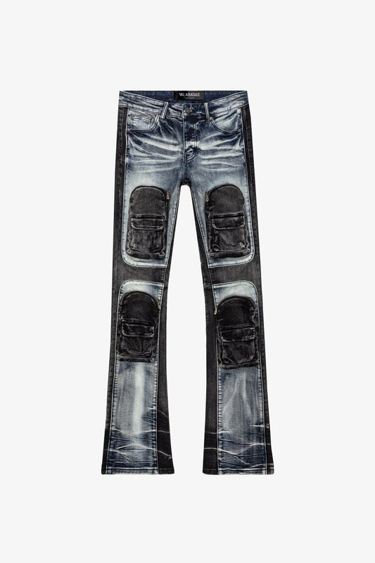 "DUAL SOLDIER" STACKED FLARE JEANS BLUE BLACK WASH