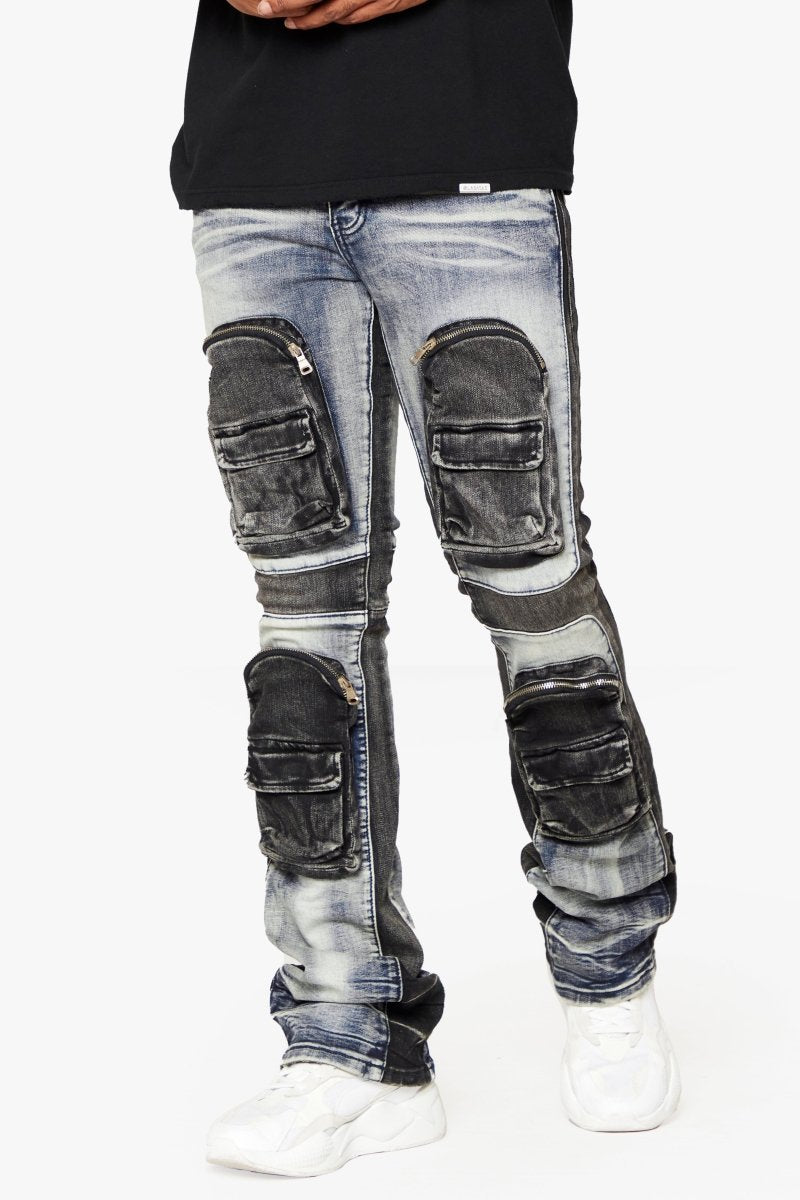 "DUAL SOLDIER" STACKED FLARE JEANS BLUE BLACK WASH "DUAL SOLDIER" STACKED FLARE JEANS BLUE BLACK WASH