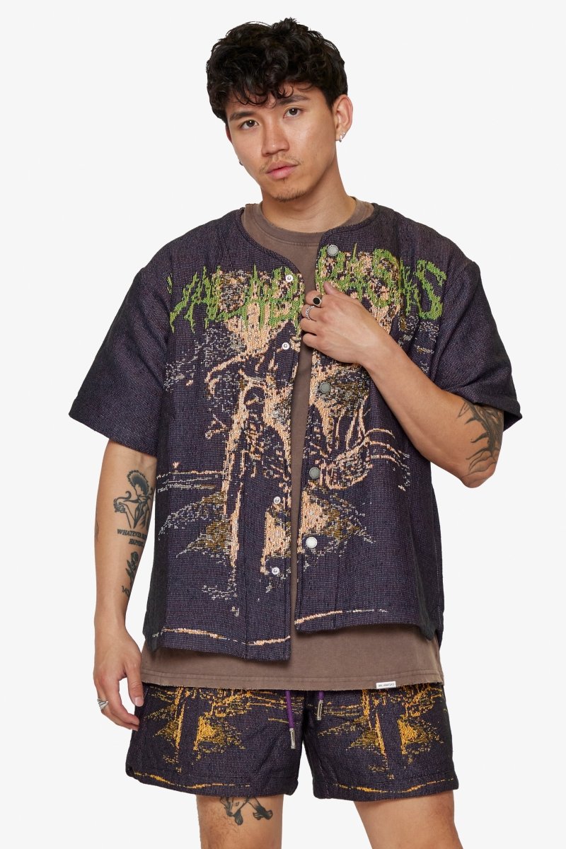 "GHOST HANDS" TAPESTRY BUTTON UP PURPLE "GHOST HANDS" TAPESTRY BUTTON UP PURPLE