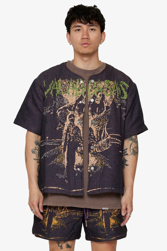 "GHOST HANDS" TAPESTRY BUTTON UP PURPLE